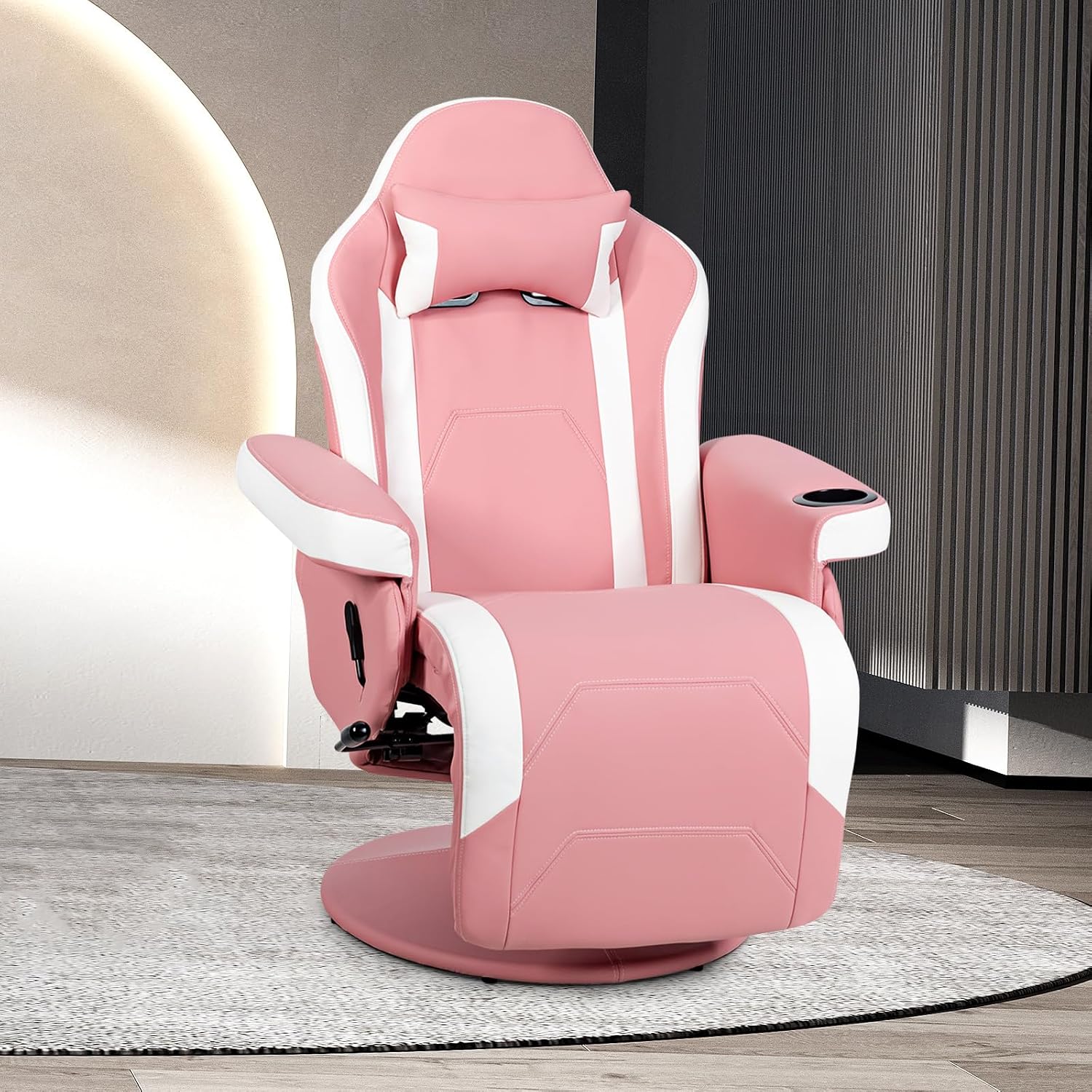 GYMAX Gaming Chair with Footrest, Massage Video Game Chairs for Adults with Remote, Adjustable Backrest, Headrest, Cup Holder & Side Pocket, Ergonomic High Back Office Computer Chair (Pink)
