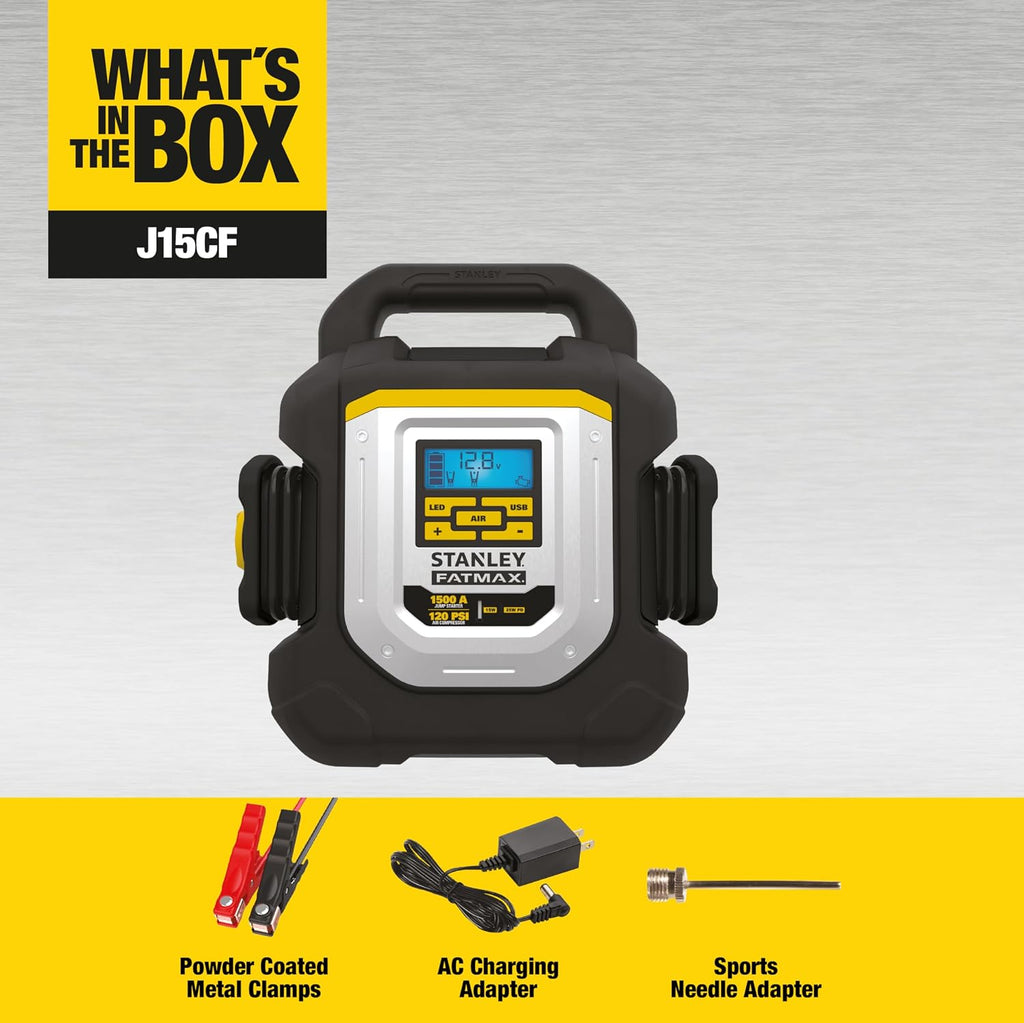 STANLEY J15CF 1500 Peak Amp Jump Starter, 120 PSI Compressor, Light, AC, and USB Power