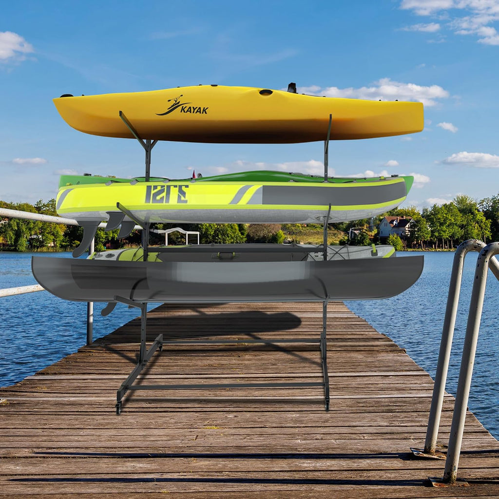 RELIANCER Freestanding Kayak Storage Rack w/Wheel,Adjustable Kayak Stand for Boat Dock,Garage,Indoor & Outdoor Canoe and Kayaks Holder,Water Sport Watercraft Storage Rack for SUP,Surfboard