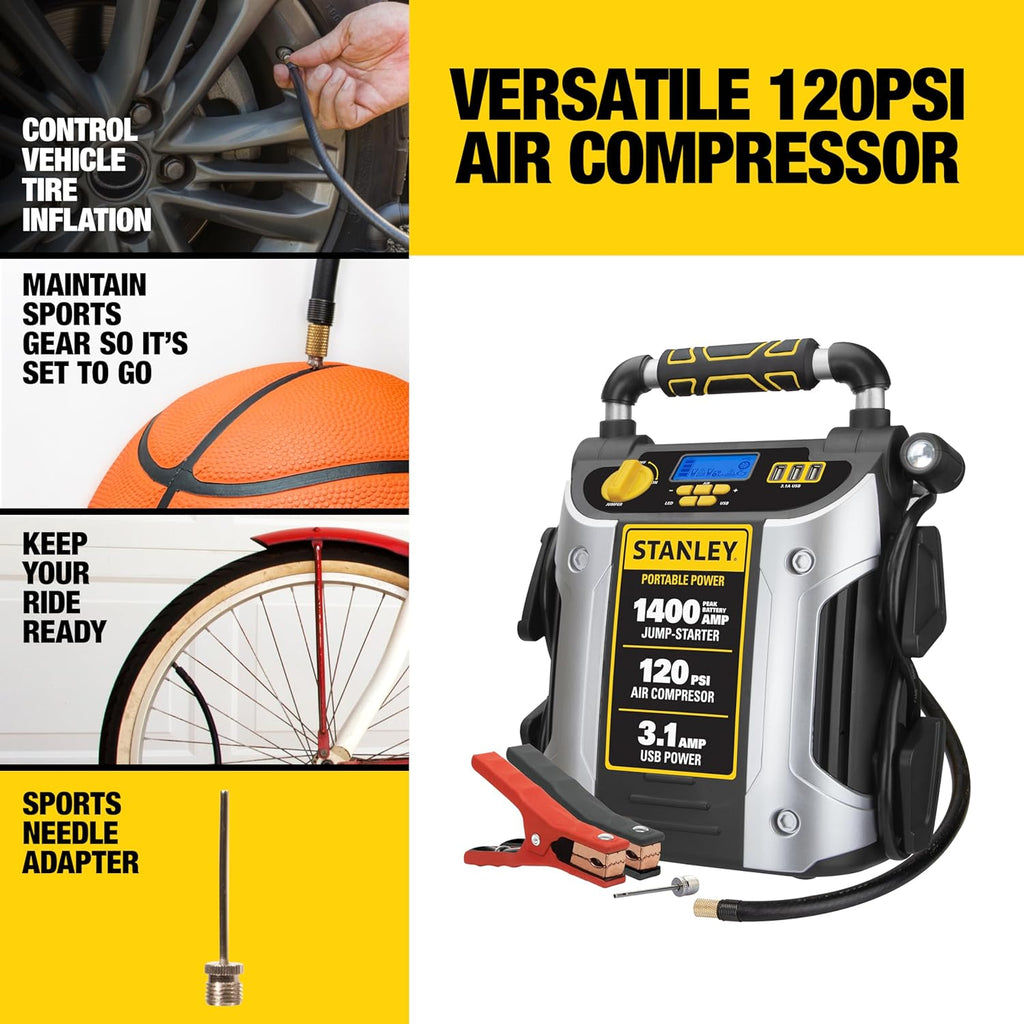 Stanley J7C09D 1400 Peak Amp Automotive Jump Starter, Portable Power – Triple 15W USB Ports, 120 PSI Air Compressor for Tires & Sports Equipment