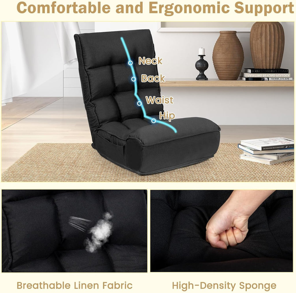 KOMFOTT Folding Floor Chair for Adults, Floor Gaming Chair with 5-Position Adjustable Headrest & 4-Position Adjustable Backrest, Side Pocket, Floor Seating Lazy Sofa for Reading, Meditating, Black