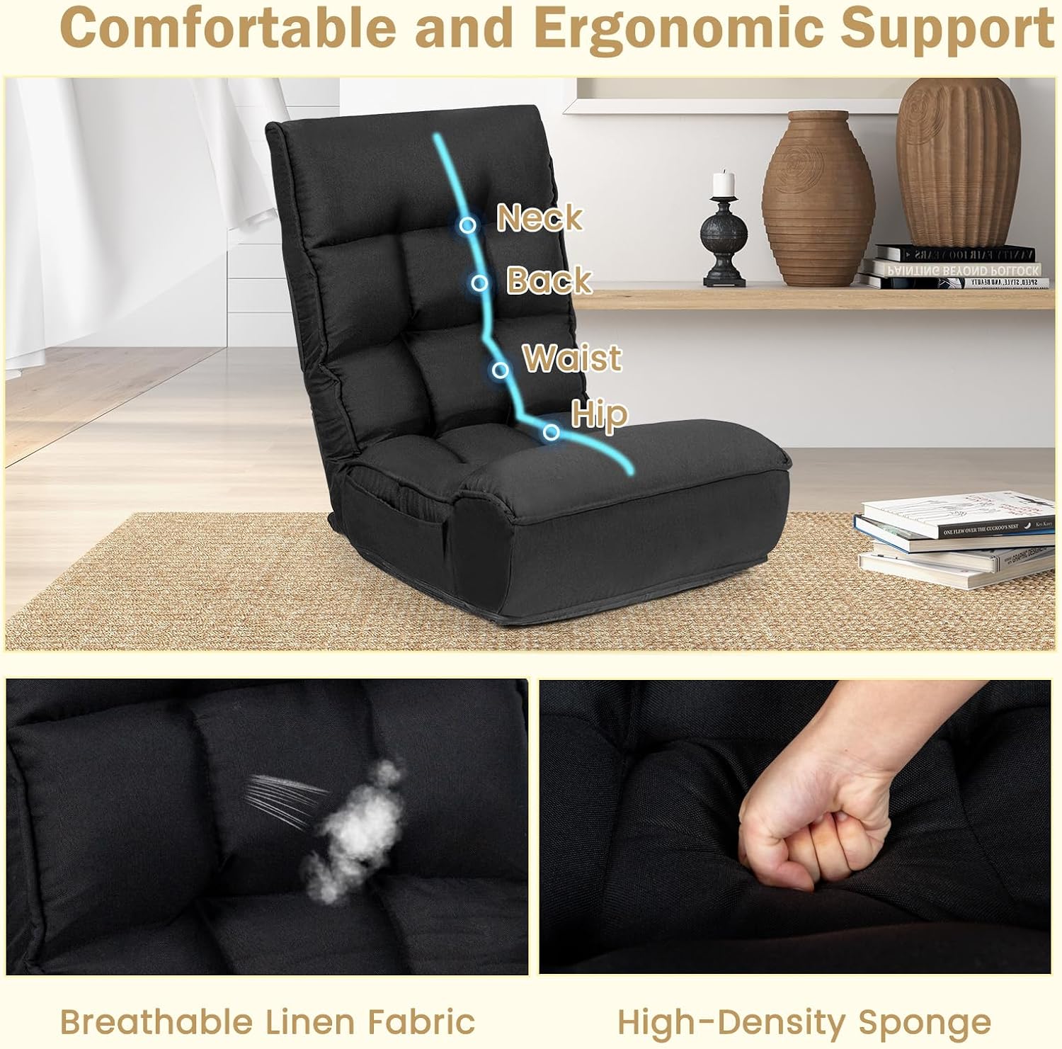 KOMFOTT Folding Floor Chair for Adults, Floor Gaming Chair with 5-Position Adjustable Headrest & 4-Position Adjustable Backrest, Side Pocket, Floor Seating Lazy Sofa for Reading, Meditating, Black