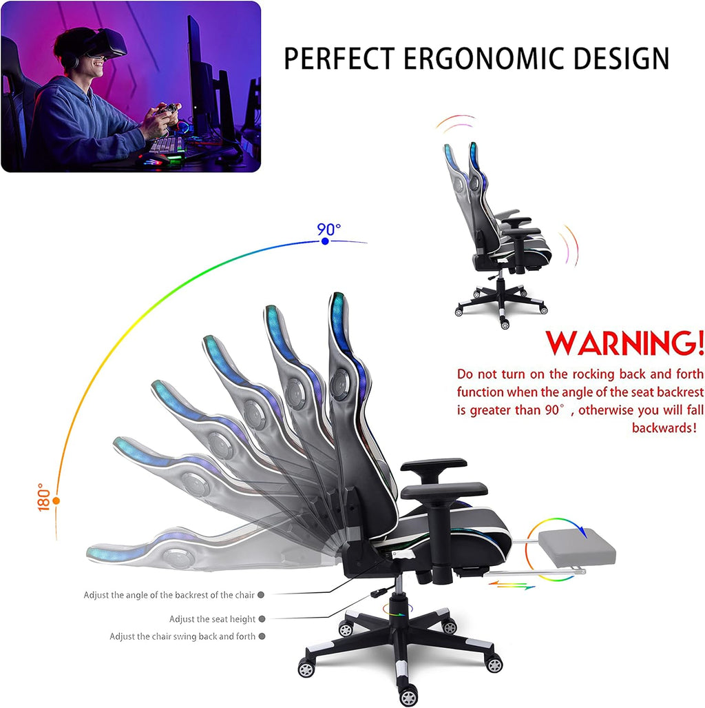 Gaming Chair with Speakers, Ergonomic Massage PC Chair, Comfortable Computer Recliner with Footrest and Adjustable Lumbar Support, Video Gaming Chair for Adult Kids.,White