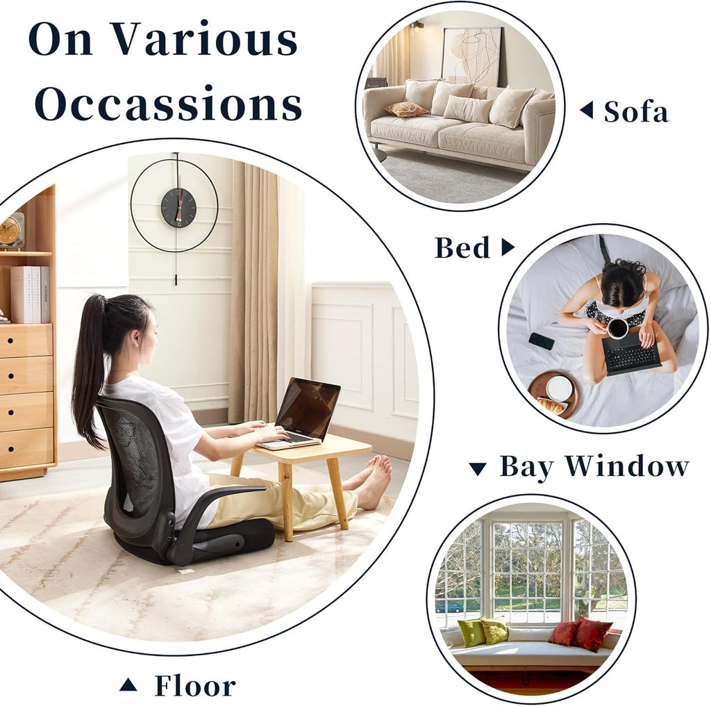 Ergonomic Floor Chair Foldable - Adjustable Armrest & Mesh Back, Thick Cushioned Seat for Gaming Reading Meditation, Multi-Use for Living Room, Bed, Tatami