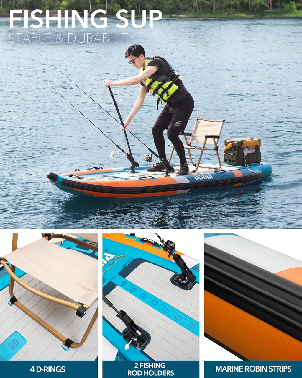 DAMA Triple Chamber SUP Inflatable Stand Up Paddle Board 10'8'*47', Extra Wide Paddle Boards for Adults, Fishing Paddle Board with 3 Removable Fins, 2 Fishing Rod Holders, Kayak Paddle,Portable Bag