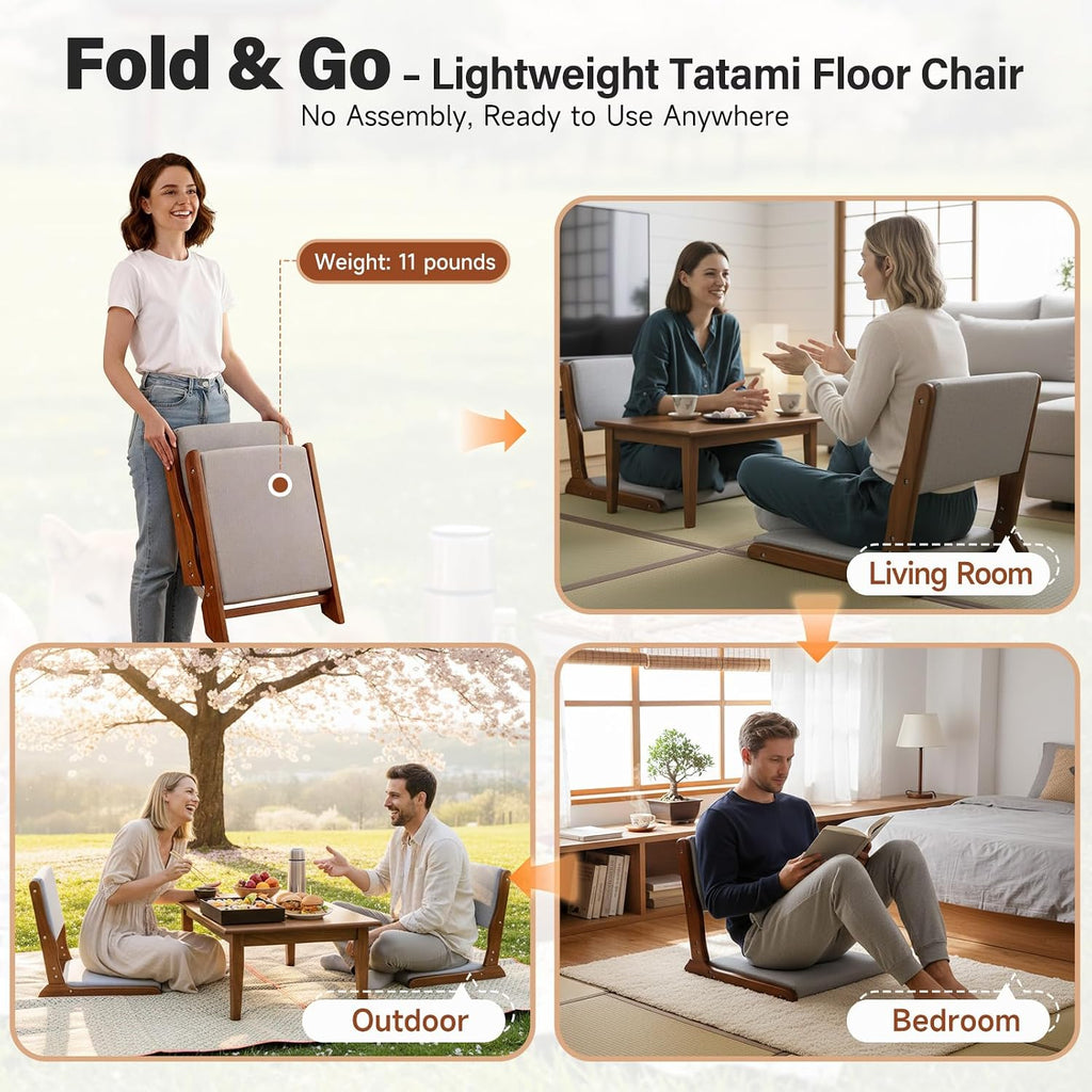 Tiita Floor Chair with Back Support, Foldable Meditation Tatami Chairs, Backrest Chair with Cushion, Living Room Chair Seat 2 Pack, Walnut Grey