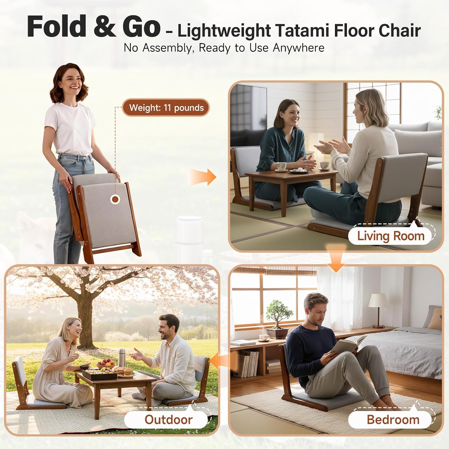 Tiita Floor Chair with Back Support, Foldable Meditation Tatami Chairs, Backrest Chair with Cushion, Living Room Chair Seat 4 Pack, Walnut Grey