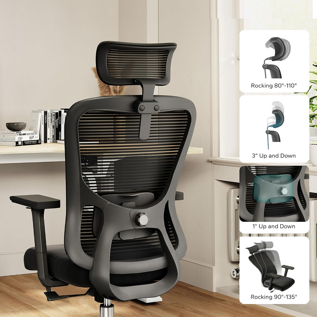 Ergonomic Office Chair - 350LB Mesh Office Chair with Adjustable Lumbar, High Back Computer Desk Chair with 3D Armrests, Comfy Chair with 2D Headrest & Tilt Function for Study, Work, Gaming