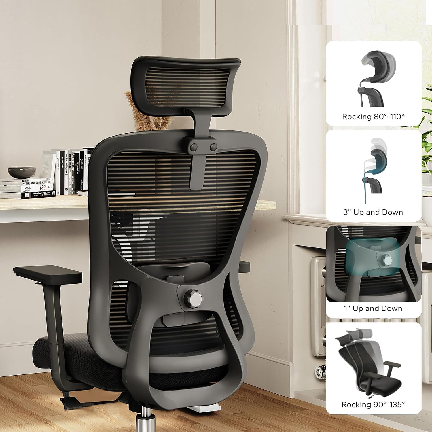 Ergonomic Office Chair - 350LB Mesh Office Chair with Adjustable Lumbar, High Back Computer Desk Chair with 3D Armrests, Comfy Chair with 2D Headrest & Tilt Function for Study, Work, Gaming