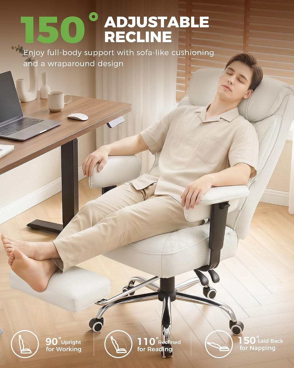 GTPLAYER Big and Tall Office Chair, High Back Computer Gaming Chair with Ergonomic Lumbar Support &Pocket Spring Cushion for Lower Back Pain Relief, Leather Executive Chair with Foot Rest, White
