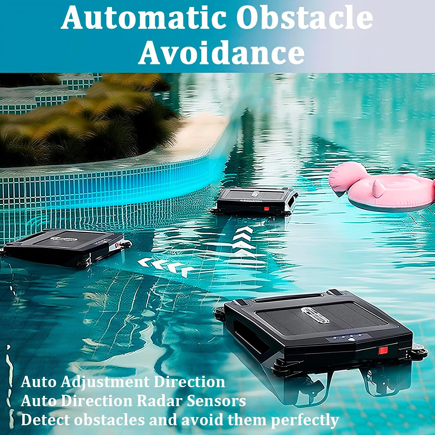 Pool Surface Cleaning Robots, Solar Automatic Robot Pool Skimmer, Intelligent Steering Function, Dual Charging (Solar/Adapter), Easy to Clean Skimmer Basket