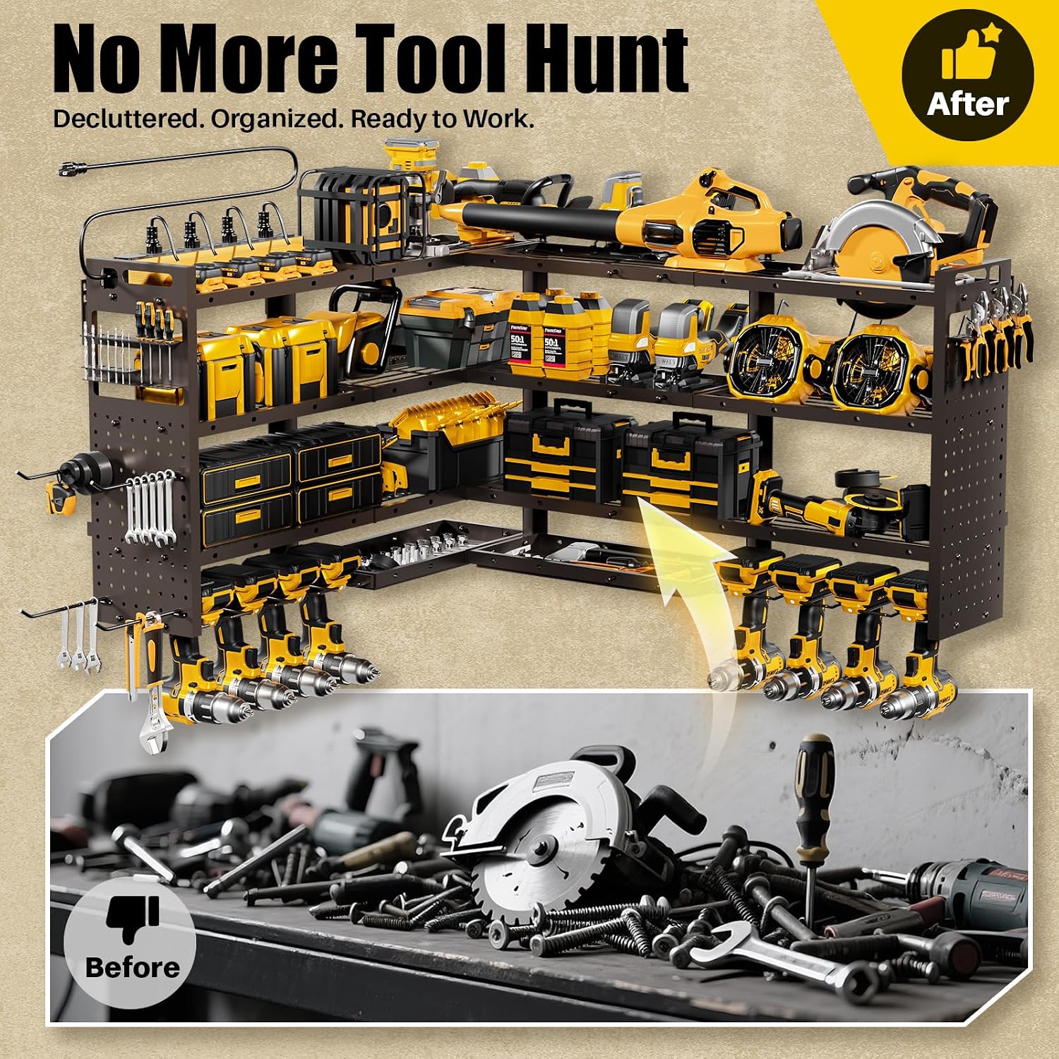 XLarge 64''W Power Tool Organizer Wall Mount | 8-Outlet TR Charging Station | Modular&Corner-Fit 820lbs Garage Storage Rack with 8 Cordless Drill Holder | Shelf for Workshop Organization