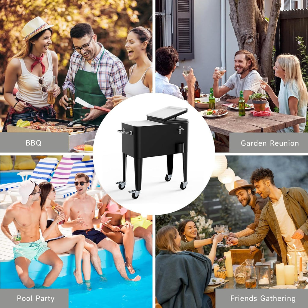 Ice Chest with Wheels, 60 Quart Portable Rolling Cooler with Bottle Opener & Cap Collector & Bottom Storage Tray for Patio Party & BBQ & Beach Activities