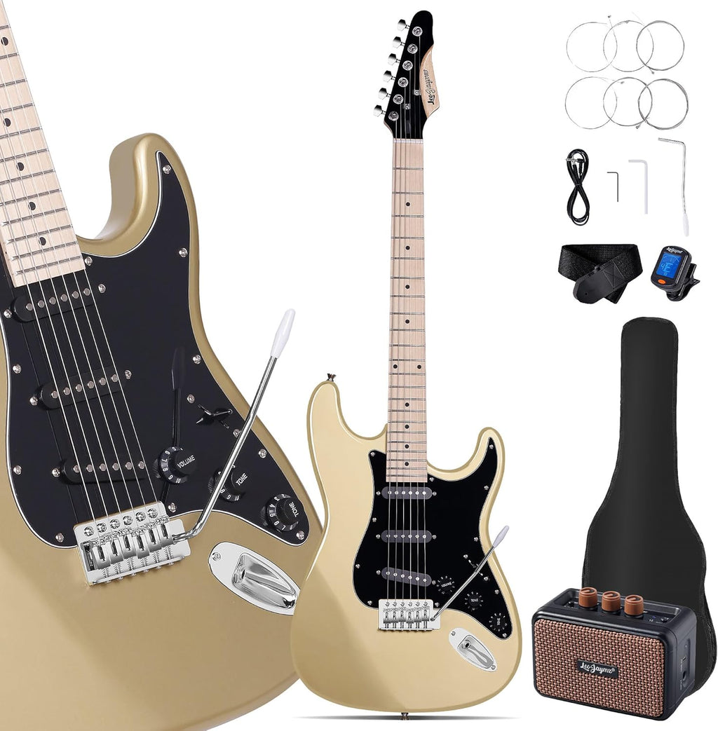 Leo Jaymz 39' Full Size ST Style Electric Guitar Starter Kit with SSS Pickups, 5W Portable Amp, Tuner, Gig Bag, Strap & Accessories(Gold 5W)