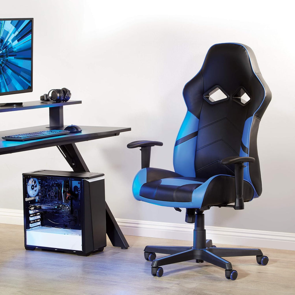 OSP Home Furnishings Vapor Ergonomic Adjustable High Back Faux Leather Gaming Chair with Coil Spring Seat and Integrated Cooling Airflow, Blue Accents