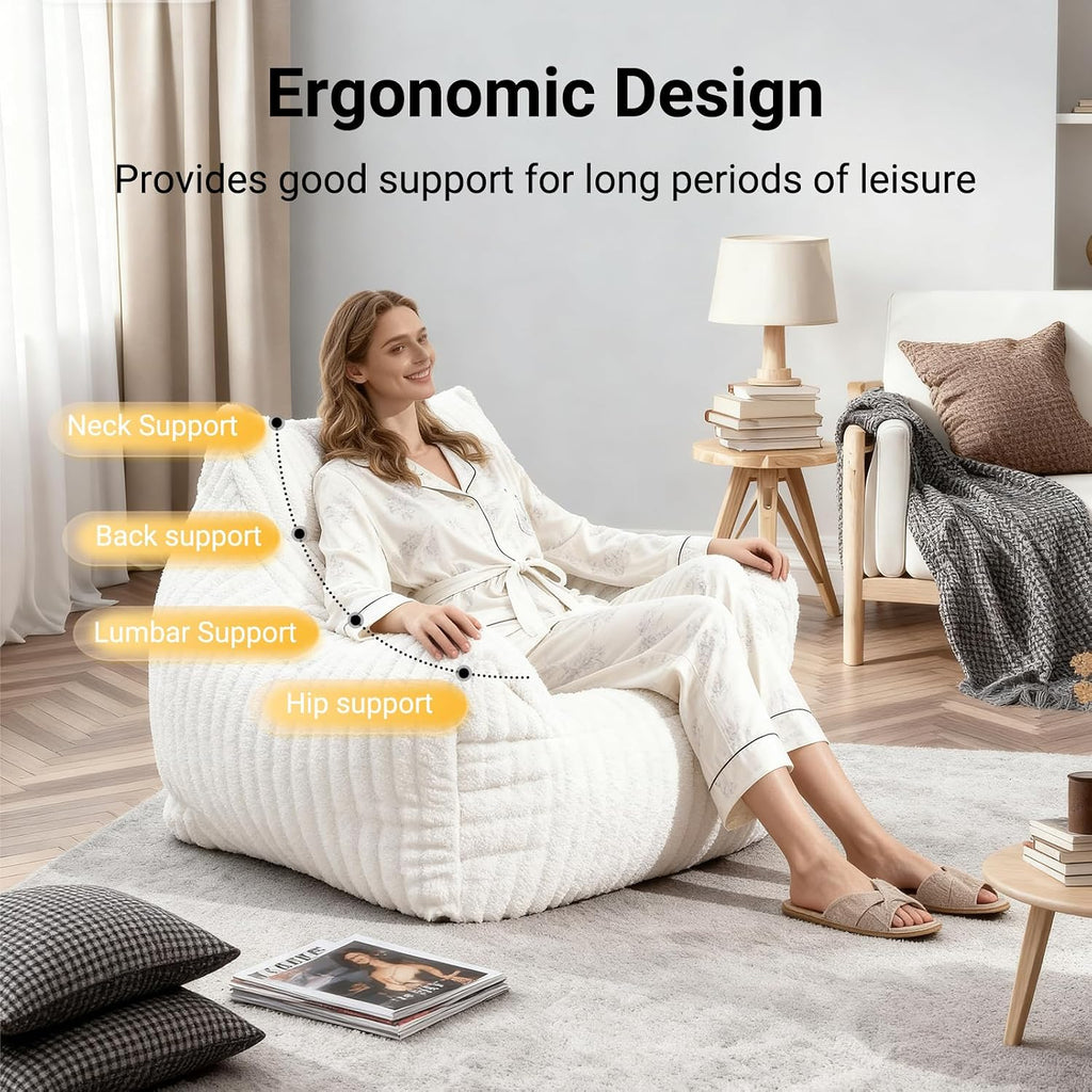 Fuzzy Bean Bag Chairs for Adults with Armrests & Back Support, Oversized Fireside Chair Alternative, Plush Floor Sofa Bed for Living Room, Bedroom, Dorm, Lounge, Gaming White