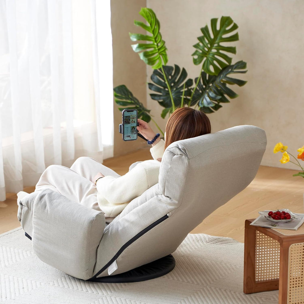 Lounge Sofa Chair with Side Pocket Armrests & Phone Holder. Gaming Chair for TV, Reading,Video,Games.Indoor Floor Chaise in Livingroom, Bedroom.Adjustable Foldable Backres&360° Swivel (Gray)
