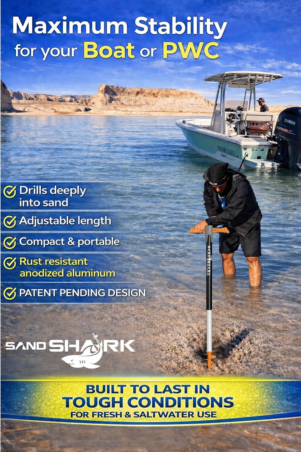 SandShark Supersport 3.0 Shallow Water Anchor - Great Jet Ski, PWC, Pontoon Boat Accessory - Adjusts 29'-48' w/Case