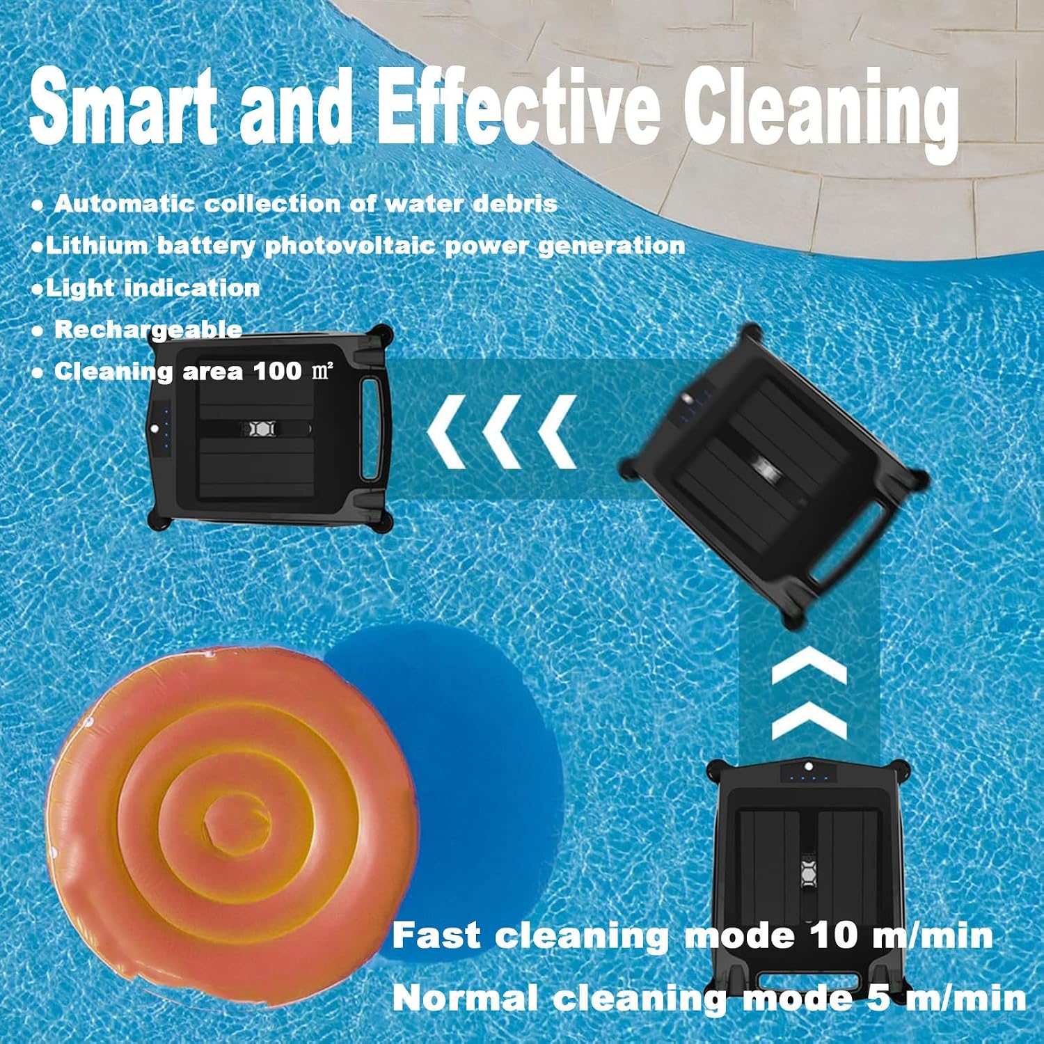 Cordless Automatic Pool Skimmer Cleaner - Solar&Home Adapter Charging,with Auto-Escape&Auto-Turn/24-Hour Continuous Cleaning/Smart Pool Skimmer Basket for All-Season Use (Black)
