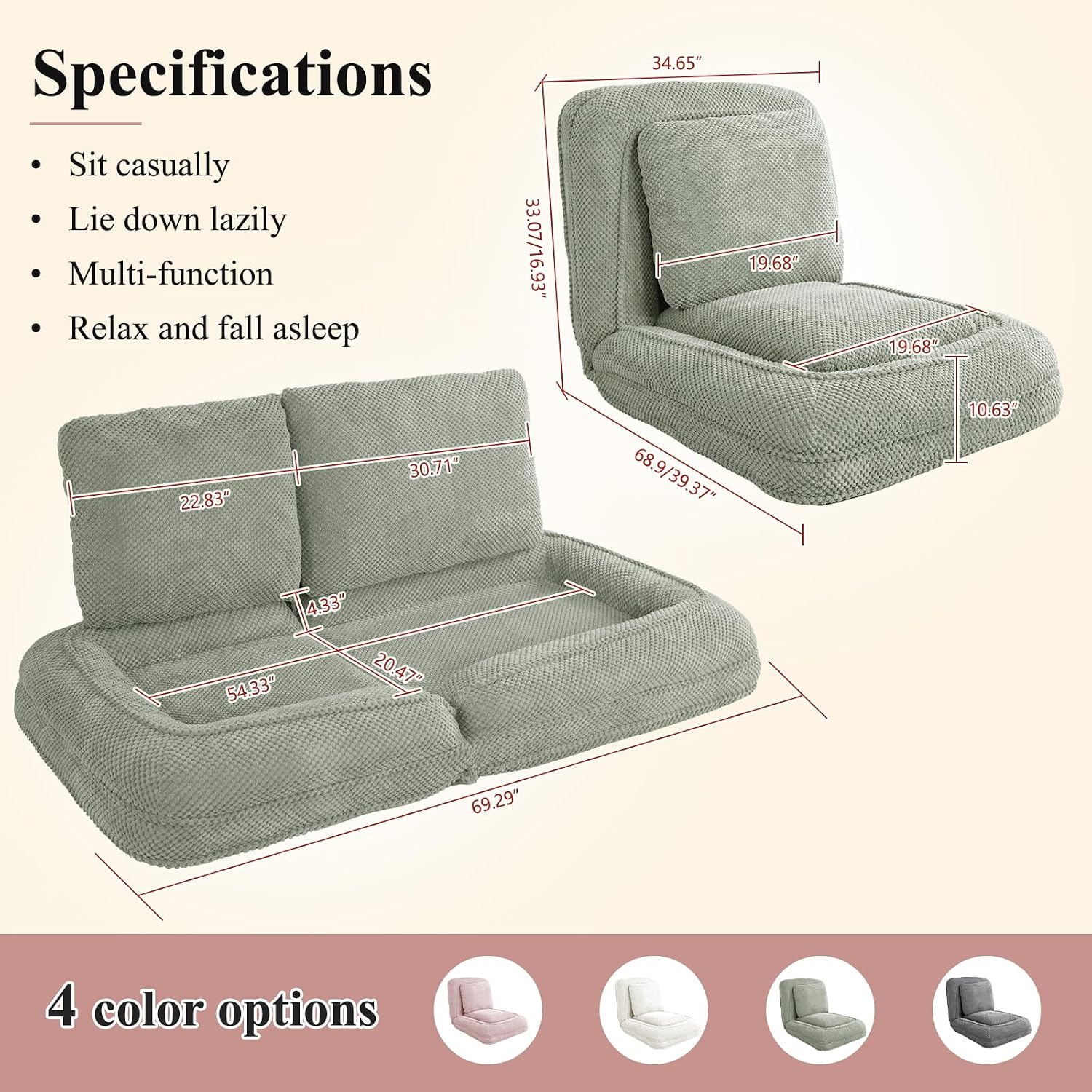 Human Dog Bed, Lazy Sofa Couch, Plush Floor Gaming Chair,5 Adjustable Position, sit, Sleep, fold, Suit to Put in Bedroom, Living Room,Space Saving Design (Green)