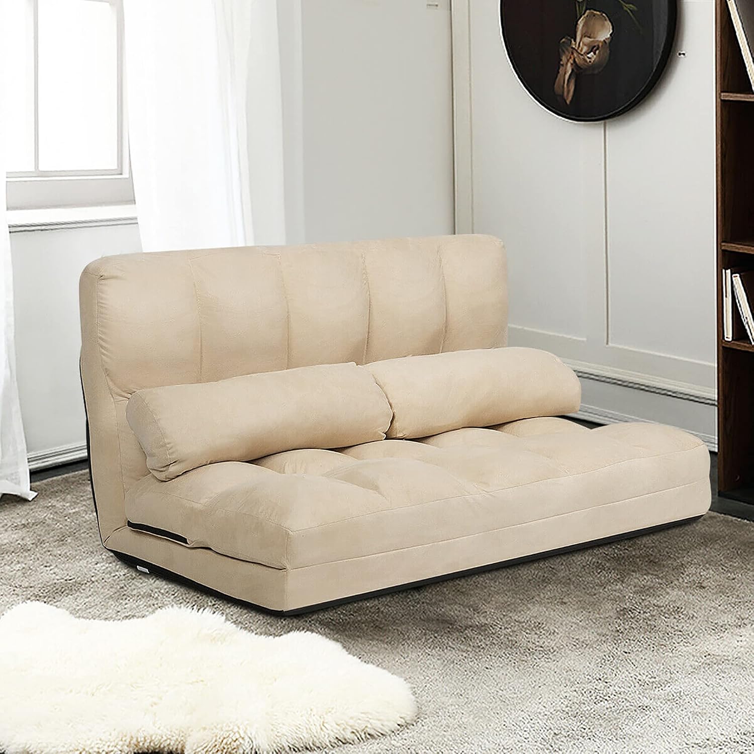 DORTALA Foldable Floor Sofa, 6-Position Adjustable Lounge Couch with 2 Pillows & Suede Cloth Cover, Modern Lounge Mattress Video Gaming Lazy Couch, Suede Floor Seating Sofa, 71' x 44.5', Beige