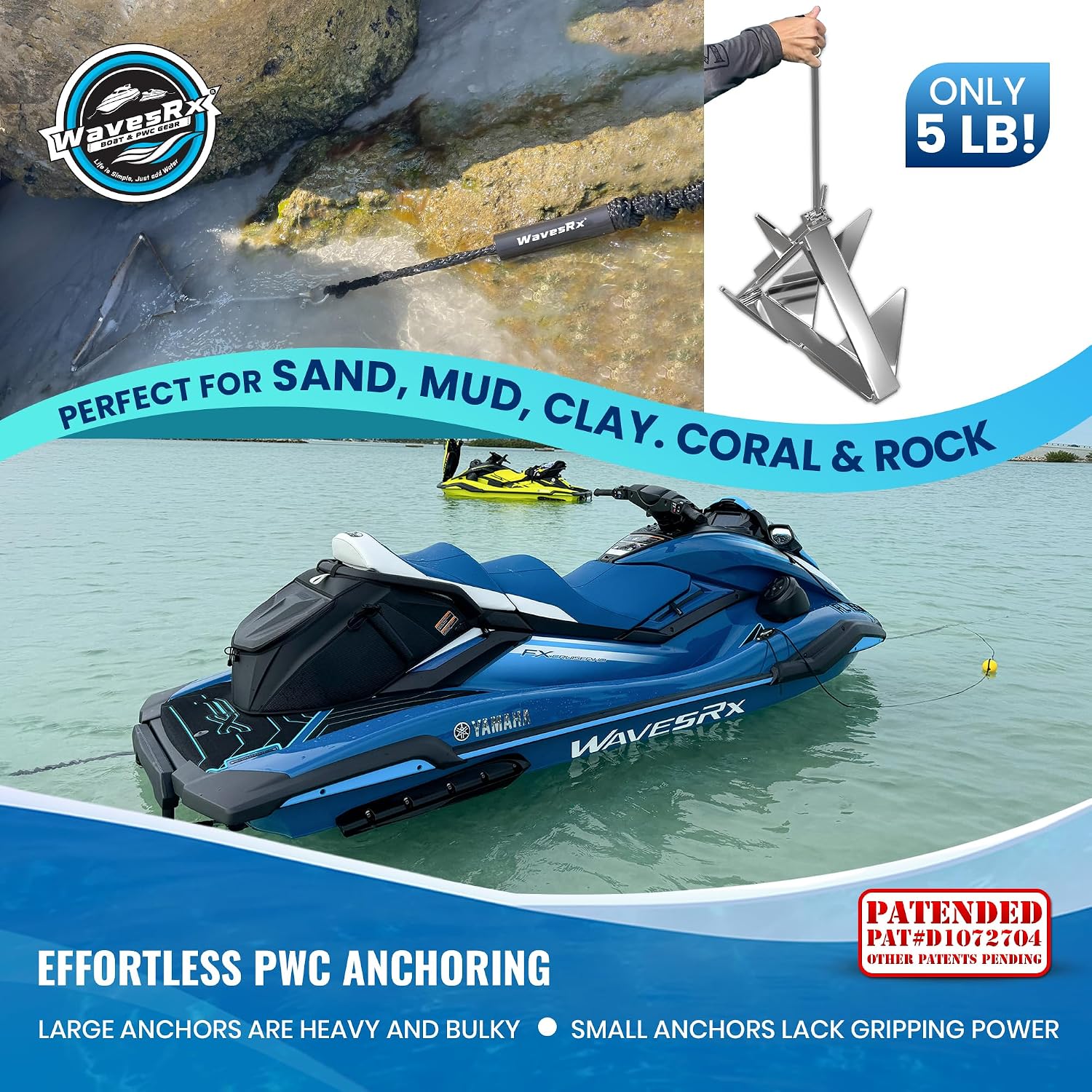 WAVESRX TriAnchor - Stainless Steel Folding PWC & Boat Anchor | Sets Instantly for Effortless Boat & Jet Ski Anchoring | Compact Patent-Pending Design Grips Better Than Plow, Fluke or Box Anchor