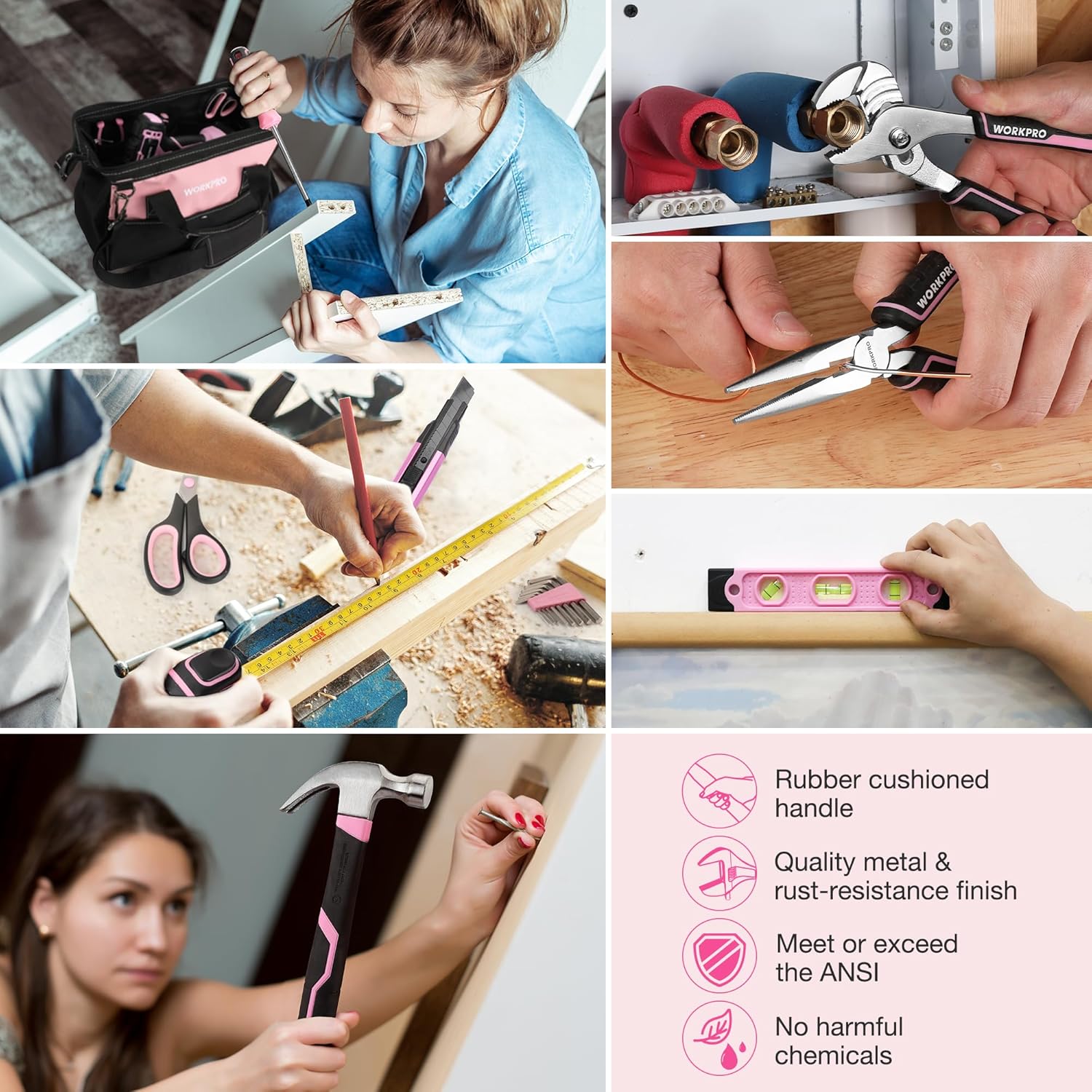 WORKPRO Pink Tool Kit with Drill, Tool Set with 20V Cordless Lithium-ion Drill Driver, Pink Drill Set for Women, 157PCS Home Tool Kit, Lady's Repairing Kit with 14-Inch Storage Bag - Pink Ribbon