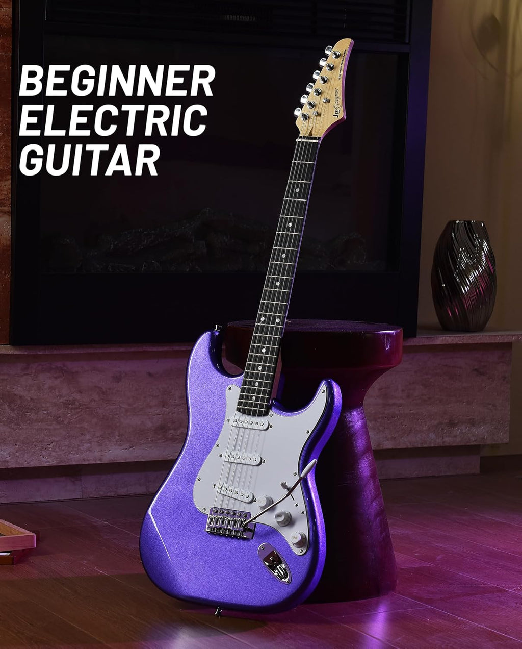 Leo Jaymz Beginner Electric Guitar Complete Kit with Portable Amp, Padded Gig Bag & Full Accessories, Maple Neck SSS Pickups(Purple)