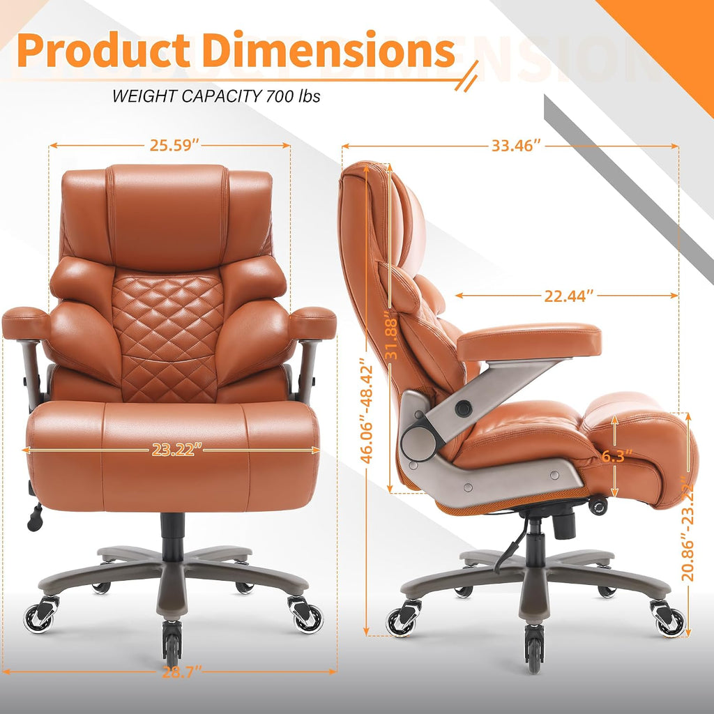 VUZI 700lbs Big and Tall Office Chair-Large Computer Chair with Adjustable Lumbar Support 3D Flip Arms Plus Size Wheels, High Back Executive Desk Chair, Heavy Duty Metal Base, Thick Padded Wide Seat
