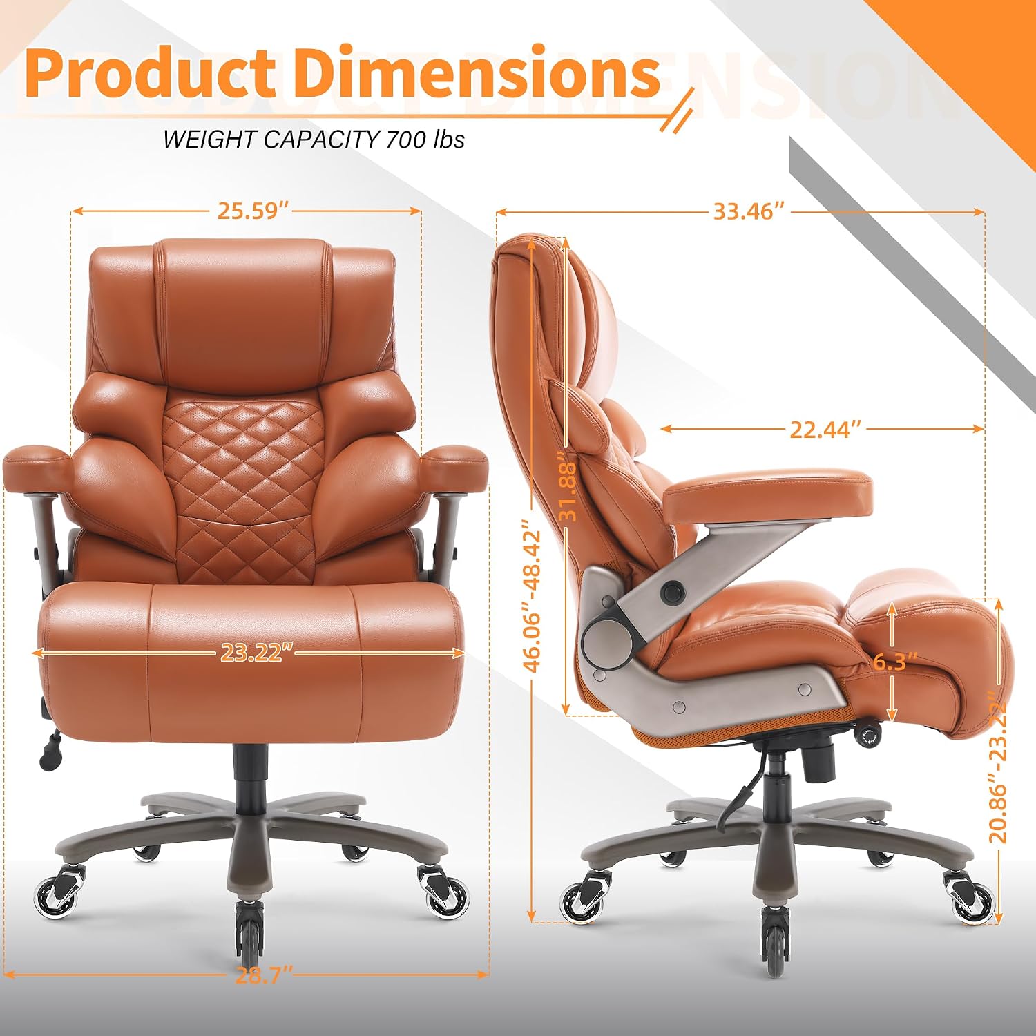 VUZI 700lbs Big and Tall Office Chair-Large Computer Chair with Adjustable Lumbar Support 3D Flip Arms Plus Size Wheels, High Back Executive Desk Chair, Heavy Duty Metal Base, Thick Padded Wide Seat