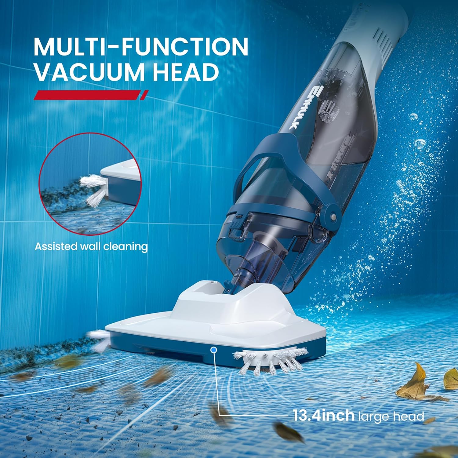 ENHULK Pro Cordless Pool Vacuum - 18.5 GPM Powerful Suction, 70min Runtime & 13.4' Wide Head, XL Capacity Handheld Rechargeable Pool Cleaner for Inground/Above Ground Pools with Telescopic Pole, PC18