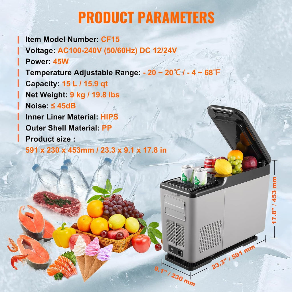 VEVOR Car Refrigerator, 12 Volt Car Armrest Refrigerator Fridge, 15 L Single Zone Portable Freezer, -4℉-68℉ Adjustable Range, 12/24V DC and 100-240V AC Compressor Cooler for Outdoor, Camping