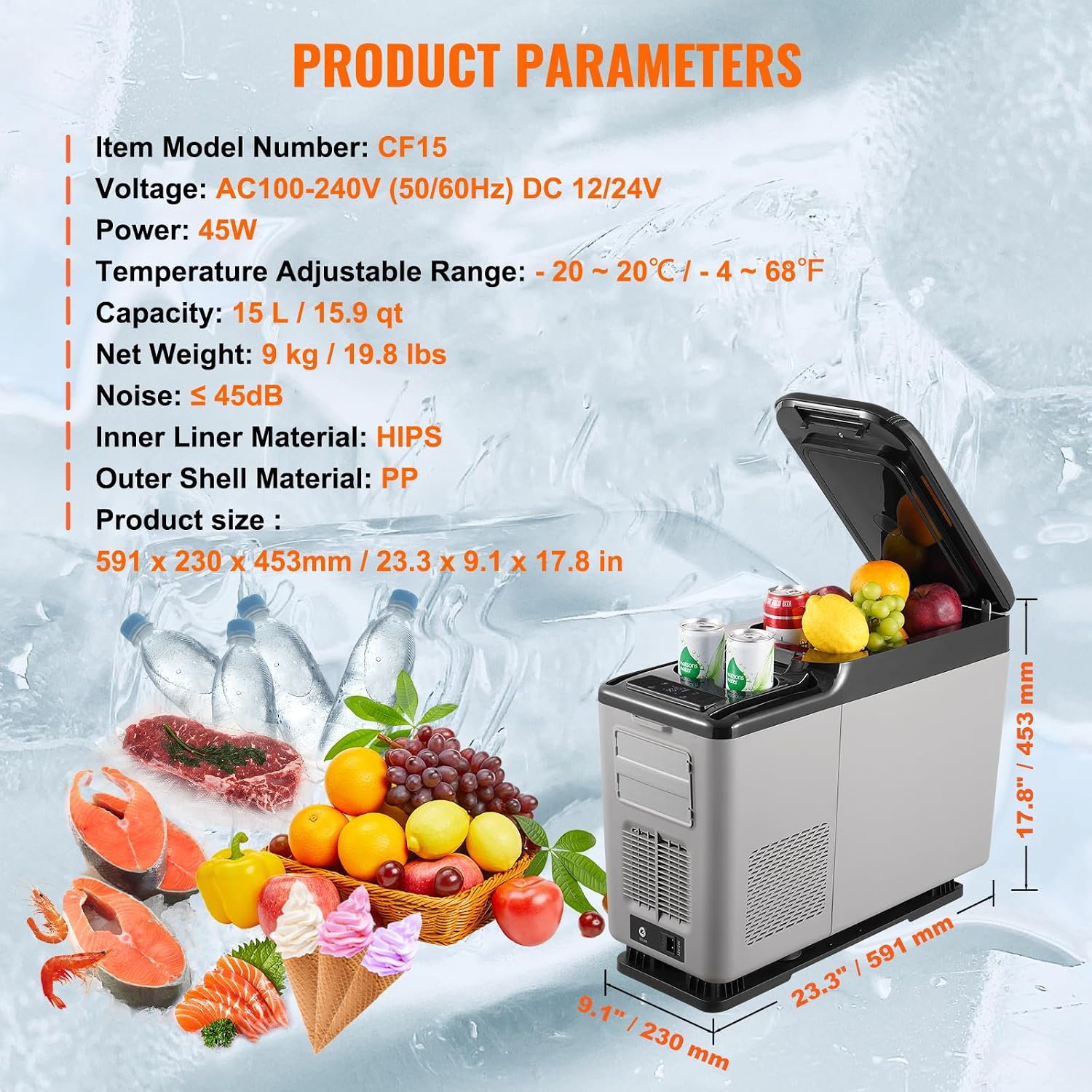 VEVOR Car Refrigerator, 12 Volt Car Armrest Refrigerator Fridge, 15 L Single Zone Portable Freezer, -4℉-68℉ Adjustable Range, 12/24V DC and 100-240V AC Compressor Cooler for Outdoor, Camping