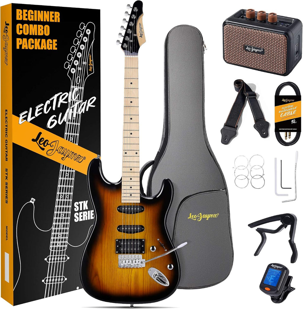 Leo Jaymz 39 Inch Full Size Electric Guitar Kit Electric Guitar Beginner Kits - Portable Amp, Digital Tuner, Gig Bag, Strap, Cable (Sunburst)