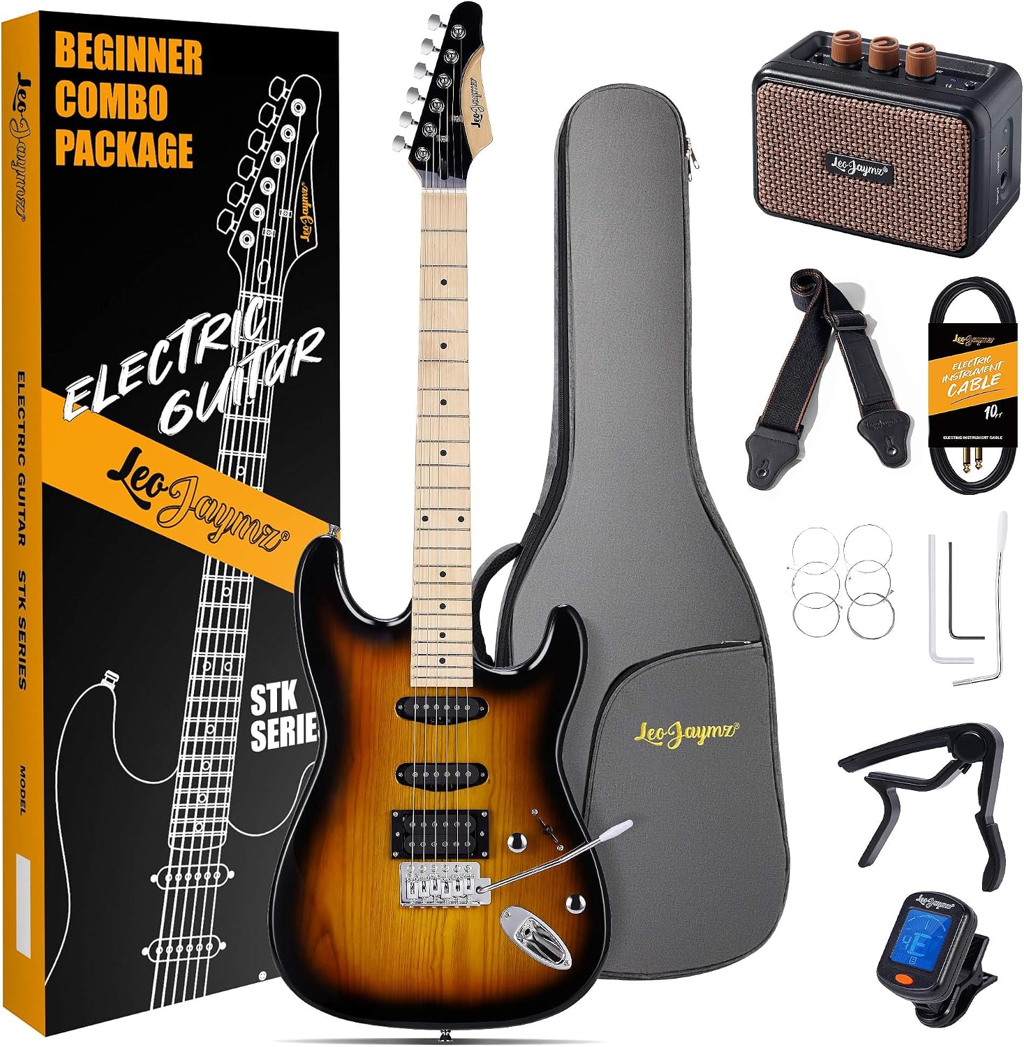 Leo Jaymz 39 Inch Full Size Electric Guitar Kit Electric Guitar Beginner Kits - Portable Amp, Digital Tuner, Gig Bag, Strap, Cable (Sunburst)