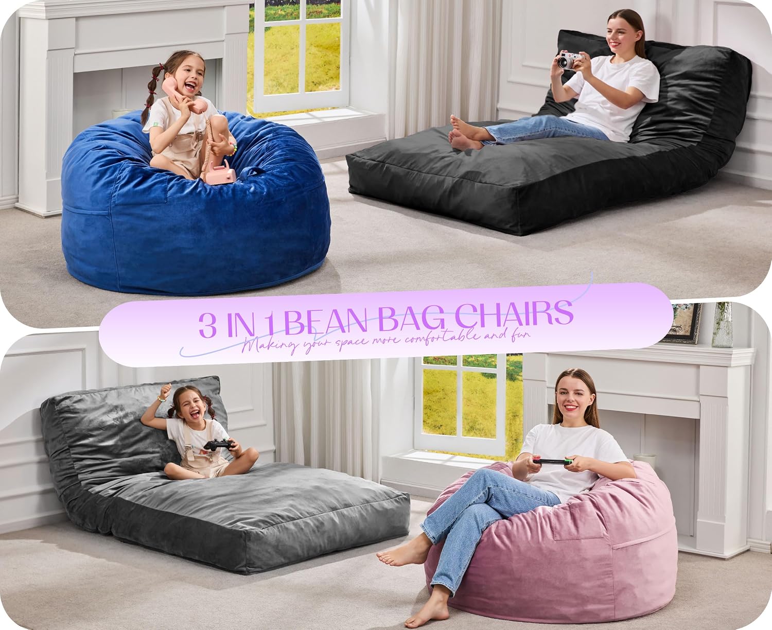 Hobestluk Giant Bean Bag Chair Bed for Adults, Large Bean Bags with High-Density Foam Filling, Convertible Big Sofa Bed Couch for Living Room, Bedroom, Playroom (Pink, Full)