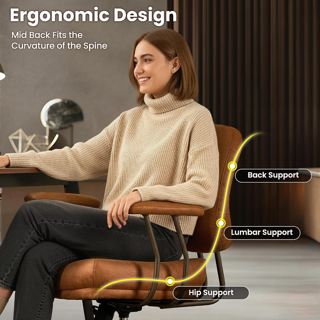 ovios Ergonomic Office Chair, Mid Back Faux Leather Executive Chairs with Thick Cushion, Comfy Mid-Century Modern Swivel Rolling Computer Armchair (Brown, Suede Leather)