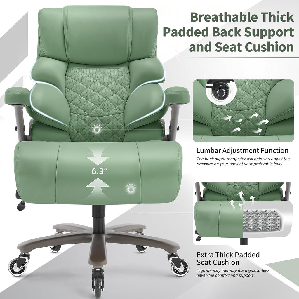 VUZI 700lbs Big and Tall Office Chair-Large Computer Chair with Adjustable Lumbar Support 3D Flip Arms Plus Size Wheels, High Back Executive Desk Chair, Heavy Duty Metal Base, Thick Padded Wide Seat