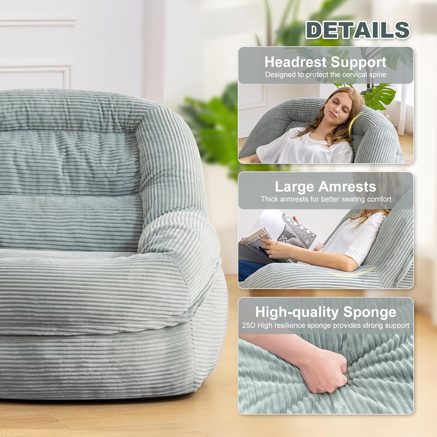 Giant Bean Bag Chair with Armrests - Oversized Cozy Seating for Adults, Corduroy Fabric & High-Resilience Foam Filling, Ideal Lounge for Living Room, Bedroom & Gaming Room (Mint Green)