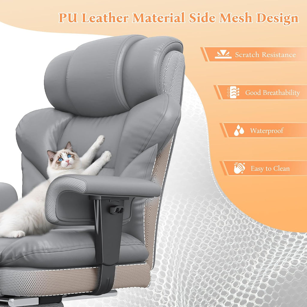 DurayLoly Office Chair with High Back,Big and Tall Executive Leather Office Chair with Foot Rest & Arms,Wide Reclining Desk Chair Ergonomic with Lumbar Support for Home Office,Grey