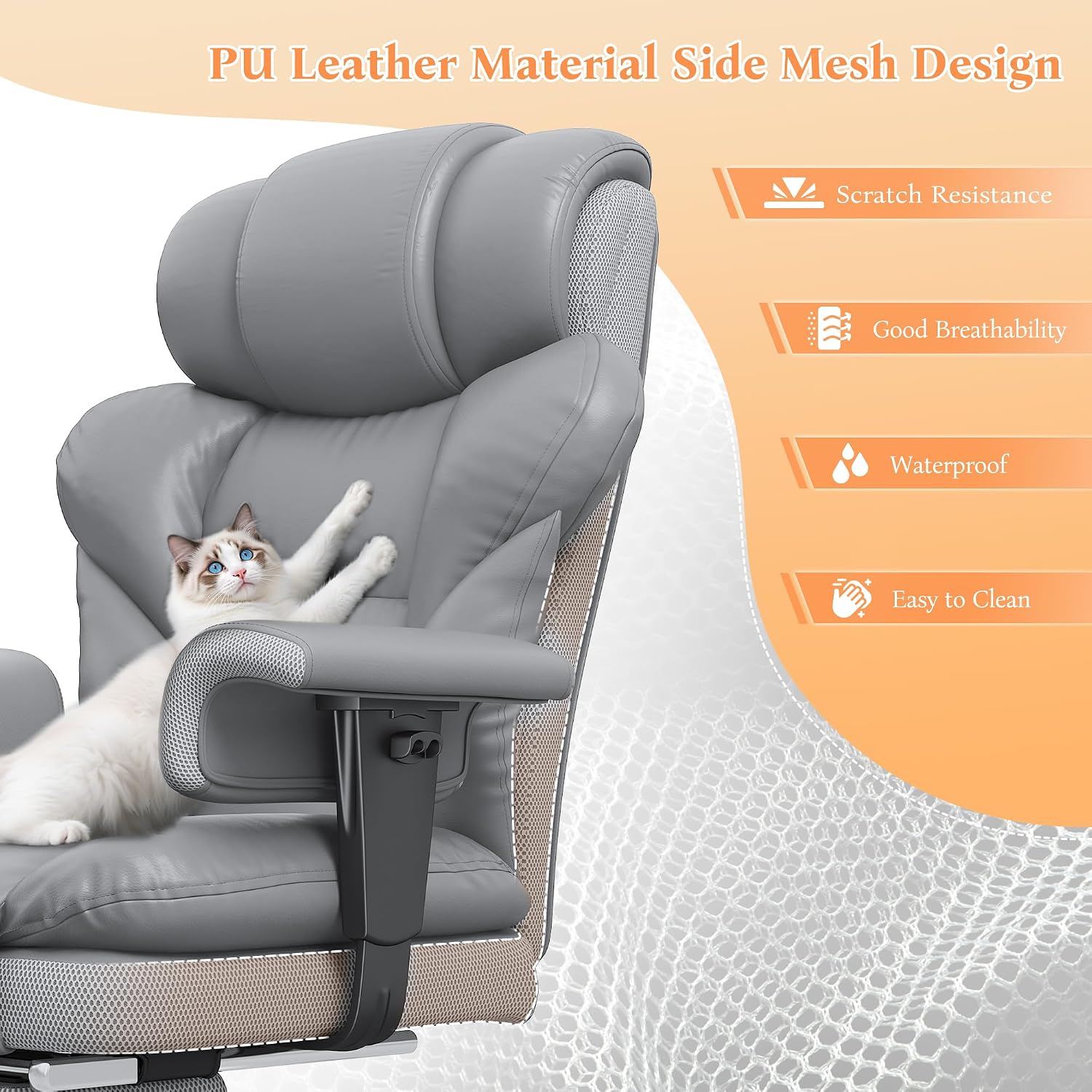 DurayLoly Office Chair with High Back,Big and Tall Executive Leather Office Chair with Foot Rest & Arms,Wide Reclining Desk Chair Ergonomic with Lumbar Support for Home Office,Grey