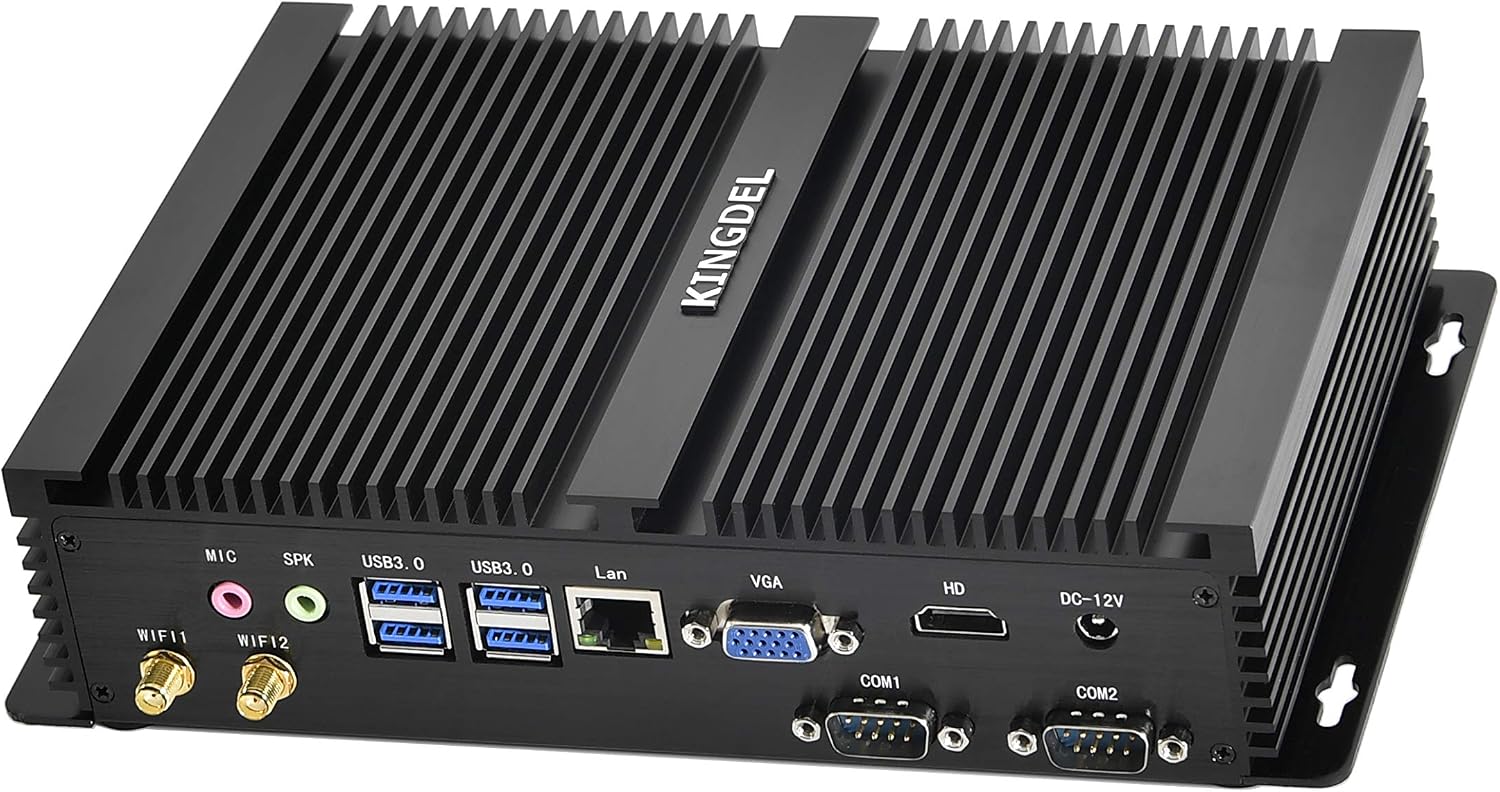 KINGDEL Fanless Mini PC, 4 Cores i5 8th Gen. CPU with Pre-Installed, 8GB DDR4 RAM 128GB SSD, 4K: 4096x2304, 2xCOM RS232, 4xUSB 3.0, HD Port, VGA Metal Case