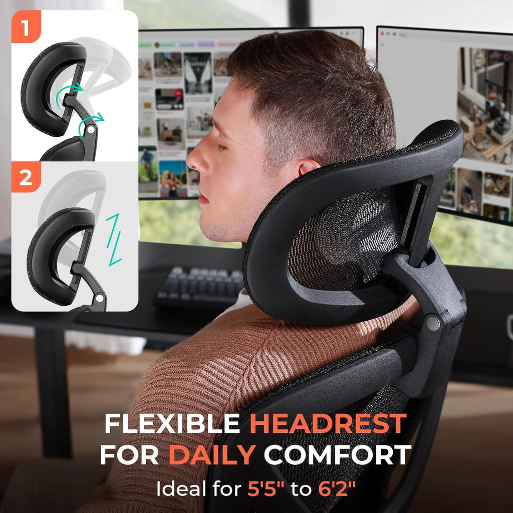 CAPOT Ergonomic Mesh Office Chair, Adjustable Lumbar High Back Desk Chair 400lbs, 4D Flip-up Arms, 3 Tilt Backrest, 3D Headrest, PU Wheels, Swivel Rolling Computer Chair for Long Desk Work - Black