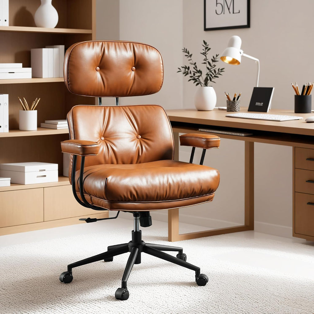 ovios Ergonomic Office Chair, High Back Faux Leather Executive Chairs with Thick Cushion, Comfy Mid-Century Modern Swivel Rolling Computer Armchair (Brown, PU Leather)