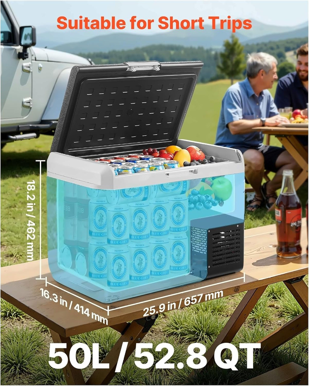 12 Volt Car Refrigerator 52.8QT, Portable Car Fridge Freezer -4°F~68°F, Electric Cooler for Camping, Travel, RV, 12/24V DC & 110-240V Compressor
