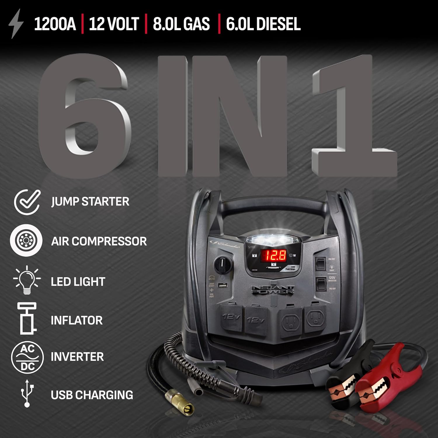 Schumacher Electric 1200A Car Battery Jump Starter and Portable Power Station, 6-in-1 Solution for 12V Batteries, 150-PSI Air Compressor, 200 Continuous/400 Peak Watt Inverter, SJ1332