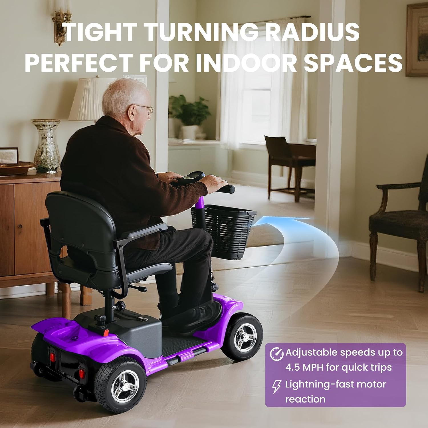 Mobility Scooter for Adults, Senior, 4 Wheels Electric Powered Chargeable Device for Travel, Lightweight Mobility Scooter with LED Headlights and Basket, Charger Included