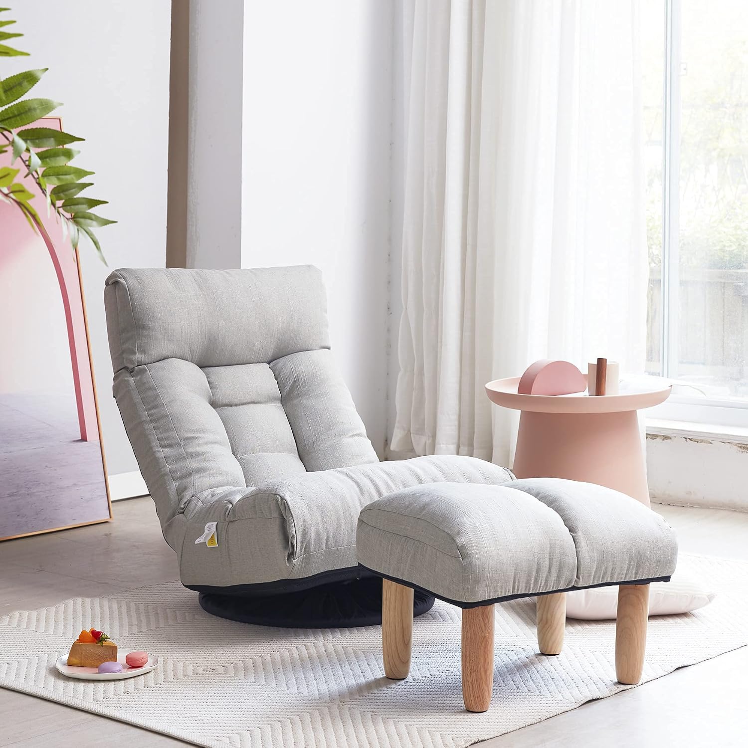 Yoglad Japanese Style Chaise Lounge Sofa 360-Degree Swivel Chair Floor Gaming Chair Lazy Sofa for Reading Game Meditating, 3 Adjustable Positions with Comfortable Backrest (Gray+Ottoman)