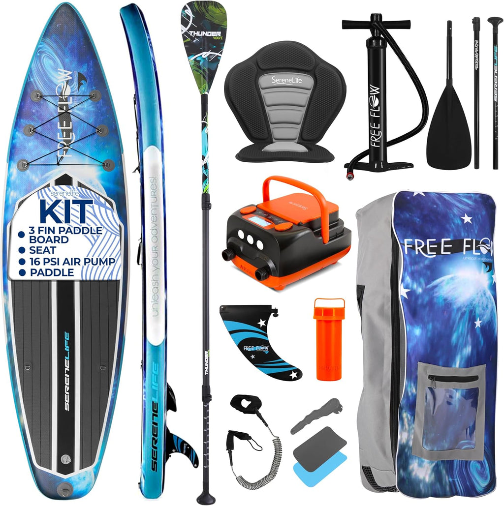 SereneLife Inflatable Stand Up Paddle Board Set - SUP with 32' Wide Stable Design, Includes Detachable Seat, 3-Shaft Paddle, Electric Paddle Board Pump, Non-Slip EVA Deck - 350 lbs Capacity