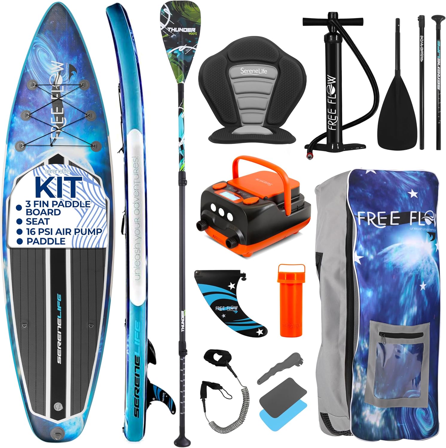 SereneLife Inflatable Stand Up Paddle Board Set - SUP with 32' Wide Stable Design, Includes Detachable Seat, 3-Shaft Paddle, Electric Paddle Board Pump, Non-Slip EVA Deck - 350 lbs Capacity